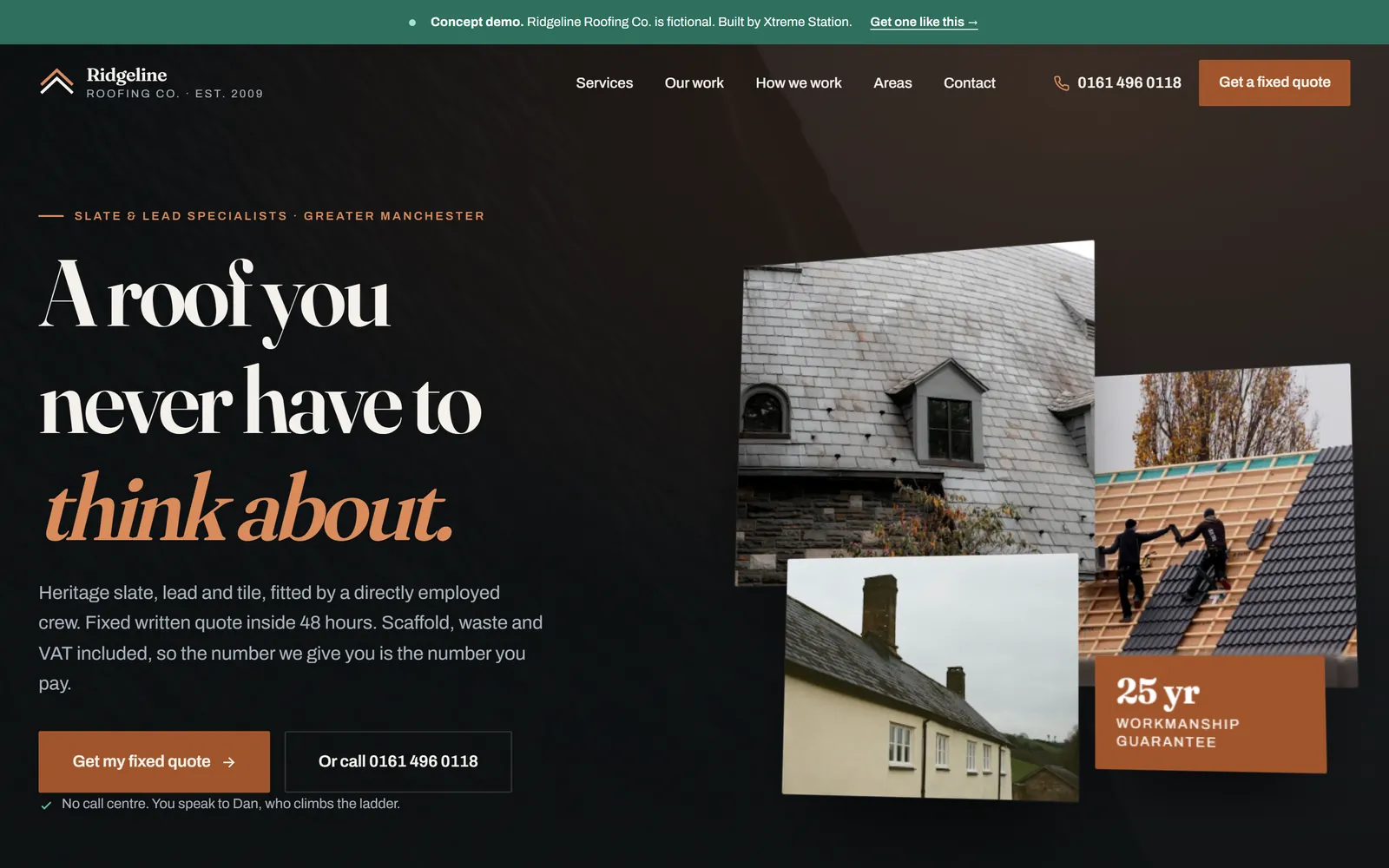 The Ridgeline Roofing demonstration site on desktop: full width hero, headline and fixed quote button